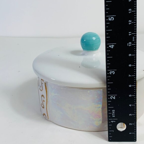 Iridescent Trinket Box Vanity Power Dish Lid Speckled Turquoise Knob Ceramic VTG - Picture 11 of 13